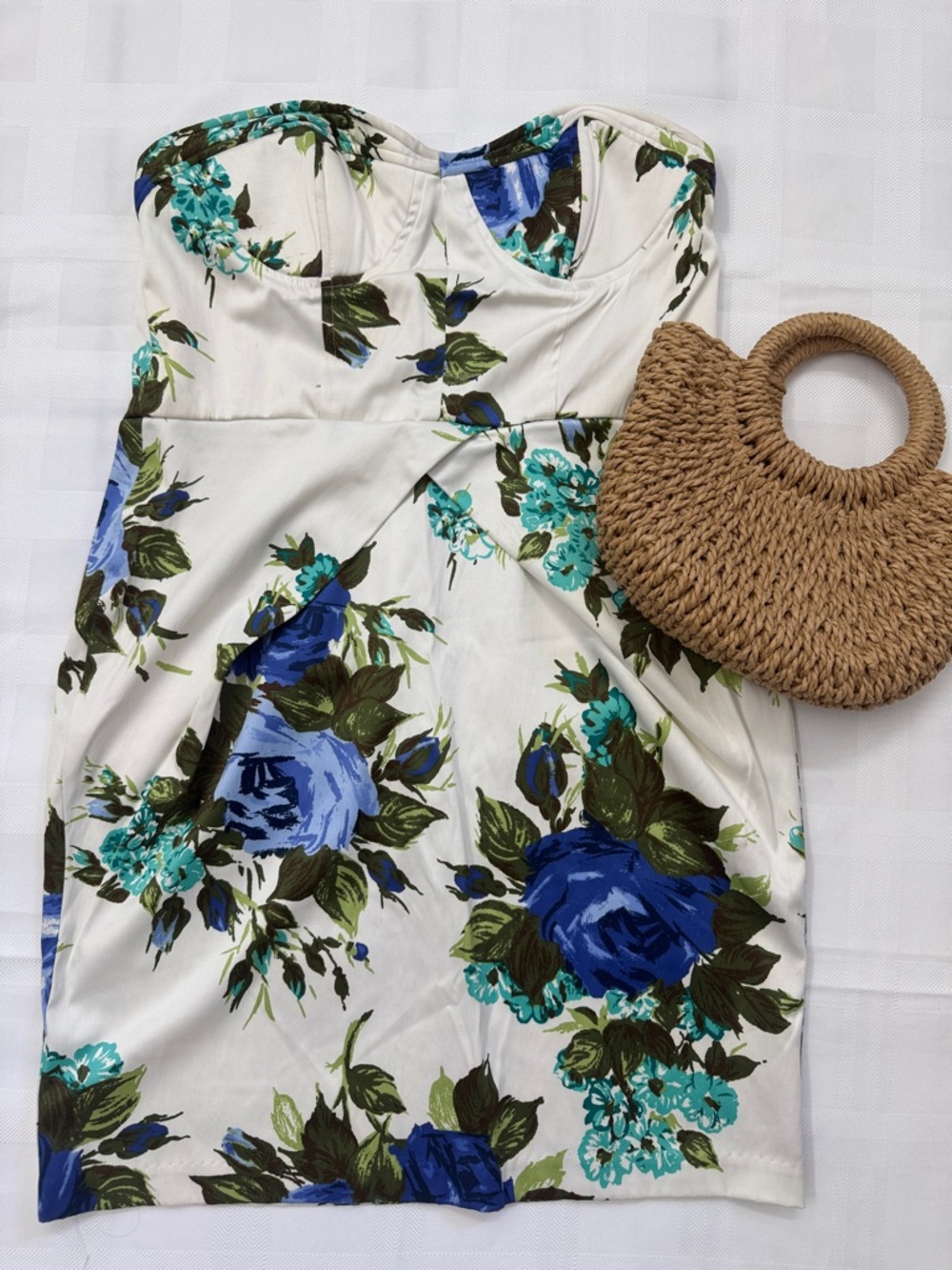 Forever 21 White Strapless Dress with Blue and Green Print